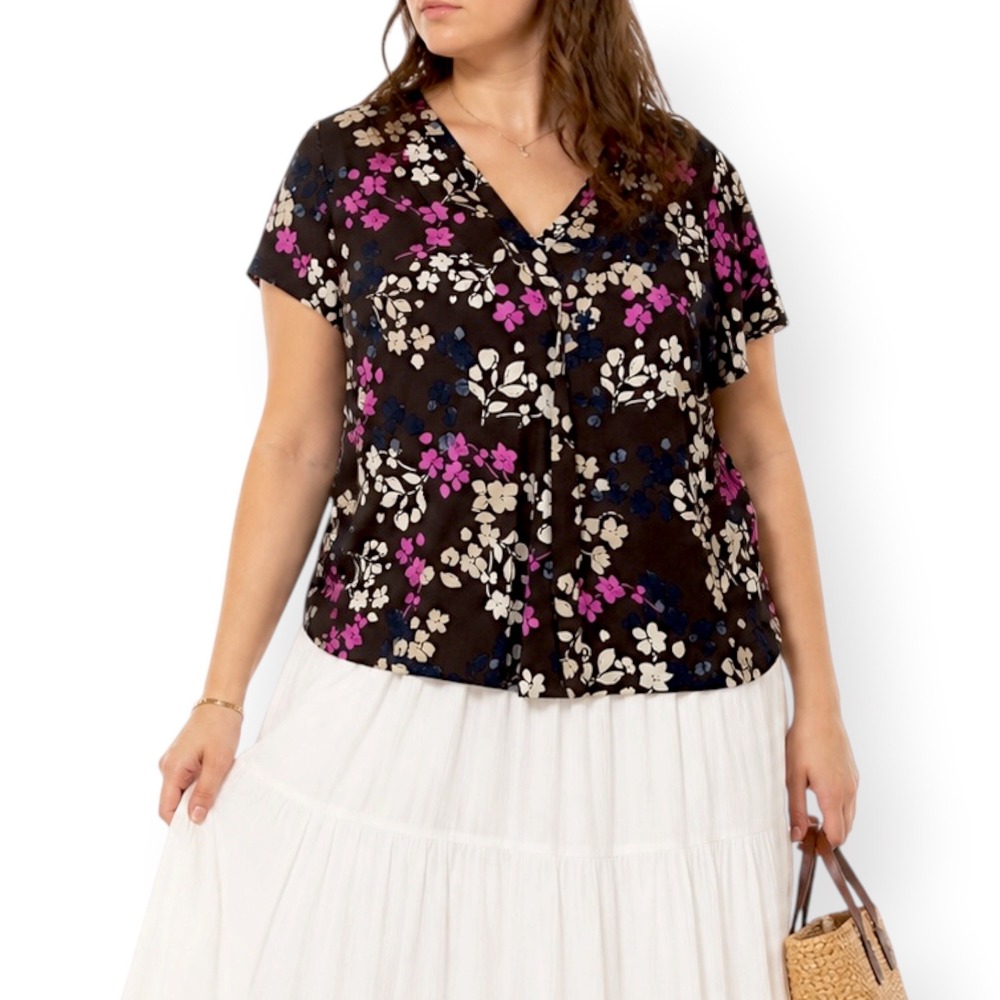 Lane Bryant Womens Boho Floral Liquid Knit Top Brown Pink Blue 14/16 Cottagecore